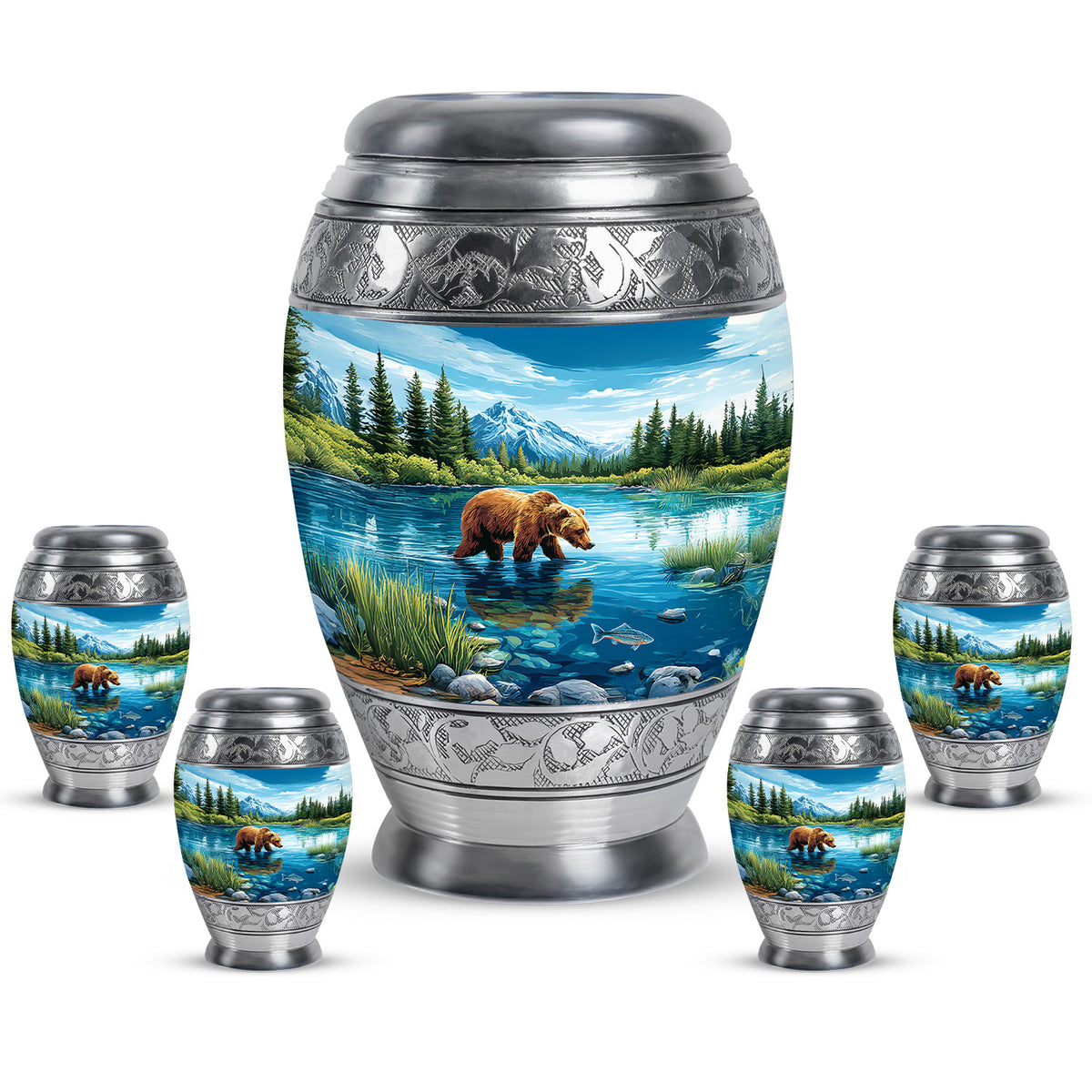 Dusty Blue Bear Cremation Urn detail view - regal bear design with crown-inspired accents - memorial set with one large and four small urns
