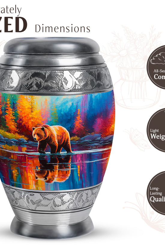 Sky Blue Bear Cremation Urn lifestyle display on memorial shelf - ornate monarch-style bear relief on brushed aluminum - mini keepsake memorial for portion of cremation ashes