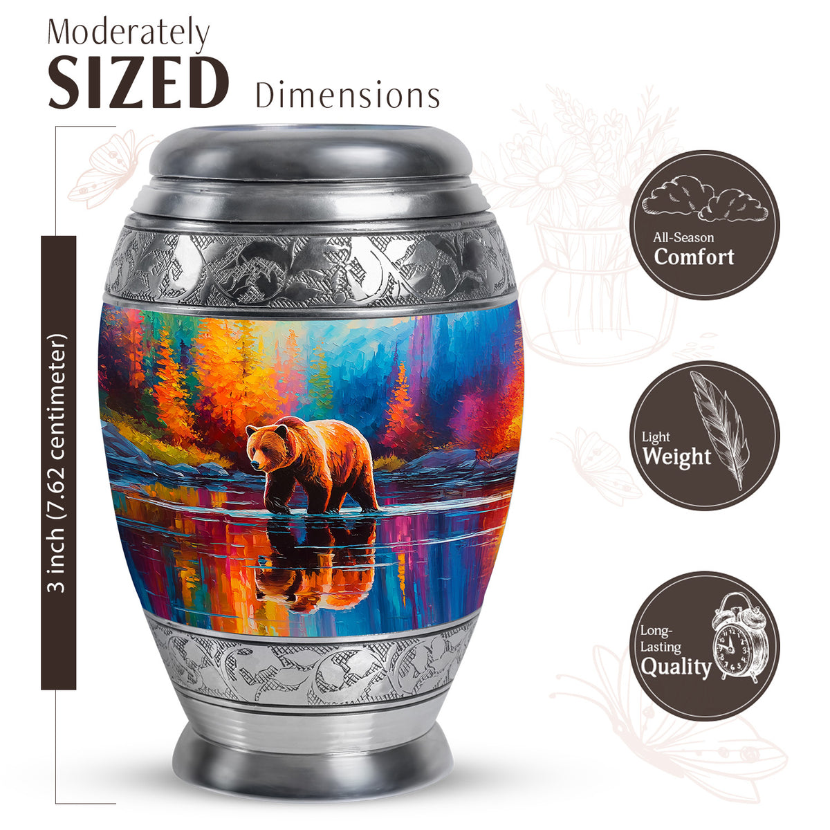 Sky Blue Bear Cremation Urn lifestyle display on memorial shelf - ornate monarch-style bear relief on brushed aluminum - mini keepsake memorial for portion of cremation ashes