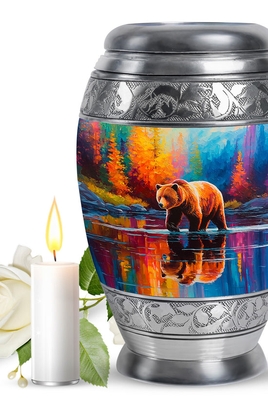 Powder Blue Bear Cremation Urn back view with polished surface - regal bear design with crown-inspired accents - full-size 10 inch 200 cubic inch adult cremation urn