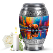 Powder Blue Bear Cremation Urn back view with polished surface - regal bear design with crown-inspired accents - full-size 10 inch 200 cubic inch adult cremation urn