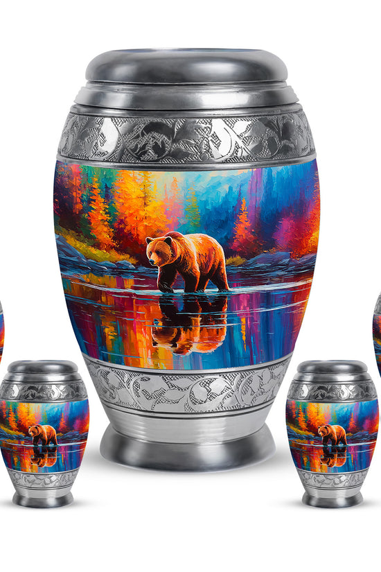 Indigo Bear Cremation Urn detail view - regal bear design with crown-inspired accents - memorial set with one large and four small urns