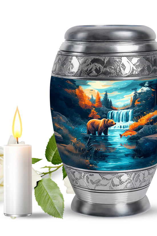 Teal Breathtaking Bear Memorial Urn for Ashes - 10-inch, 200 cu in - Yatskia