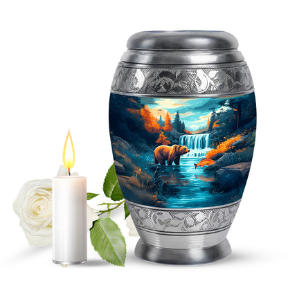 Teal Breathtaking Bear Memorial Urn for Ashes - 10-inch, 200 cu in - Yatskia