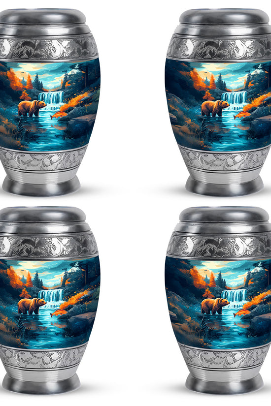 Deep Teal Bear Cremation Urn urn with complimentary velvet bag - royal bear engraving with decorative scrollwork - 10 inch aluminum urn for cremated remains