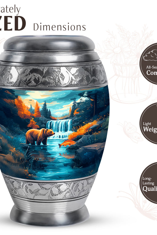 Vivid Teal Bear Cremation Urn lifestyle display on memorial shelf - majestic bear pattern with filigree border - mini keepsake memorial for portion of cremation ashes