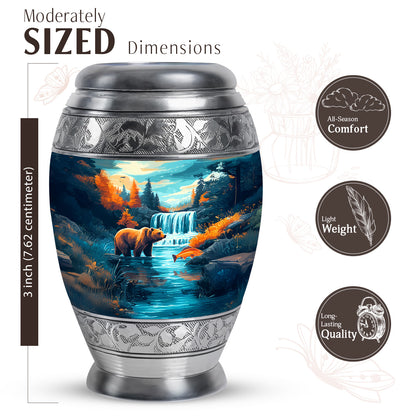 Vivid Teal Bear Cremation Urn lifestyle display on memorial shelf - majestic bear pattern with filigree border - mini keepsake memorial for portion of cremation ashes