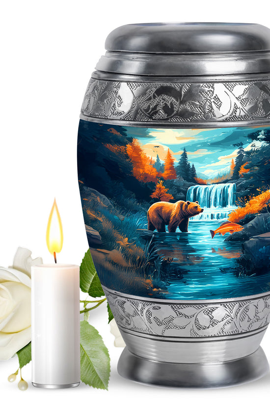 Aqua Teal Bear Cremation Urn back view with polished surface - majestic bear pattern with filigree border - full-size 10 inch 200 cubic inch adult cremation urn