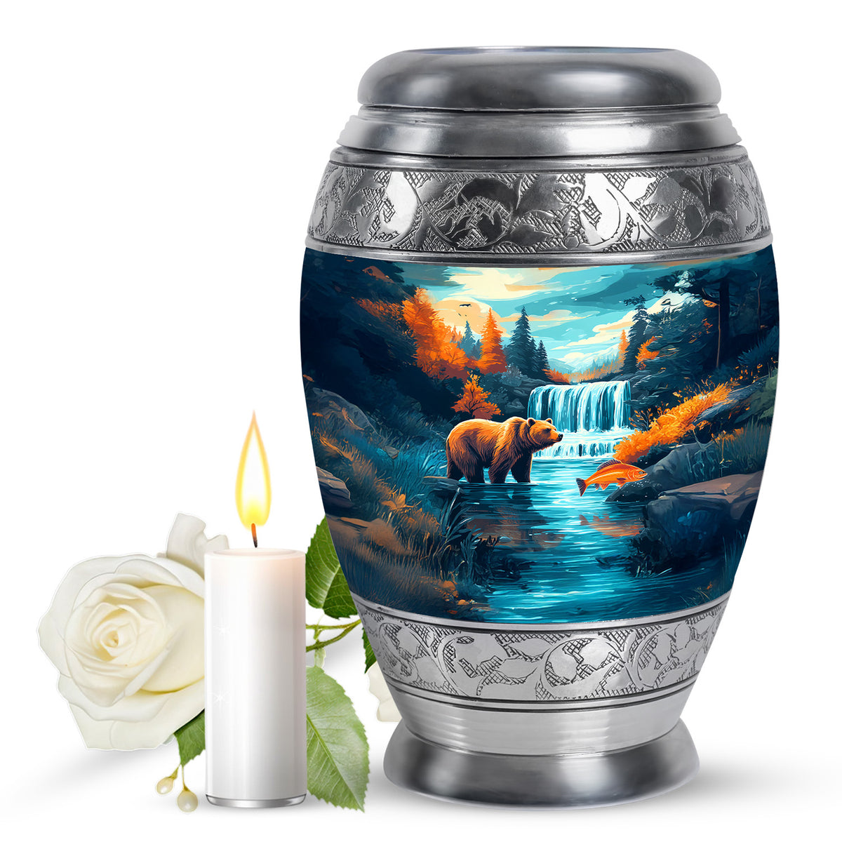 Aqua Teal Bear Cremation Urn back view with polished surface - majestic bear pattern with filigree border - full-size 10 inch 200 cubic inch adult cremation urn