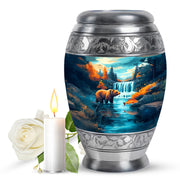 Aqua Teal Bear Cremation Urn back view with polished surface - majestic bear pattern with filigree border - full-size 10 inch 200 cubic inch adult cremation urn