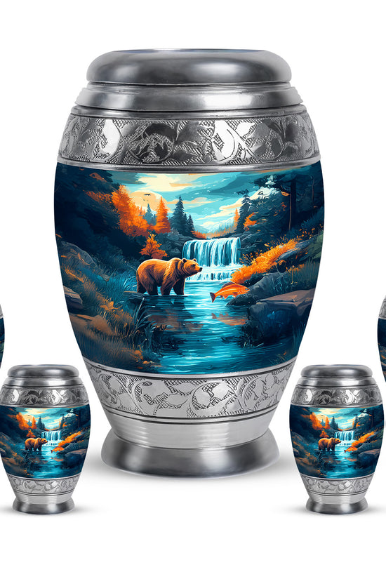 Ocean Teal Bear Cremation Urn detail view - ornate monarch-style bear relief on brushed aluminum - memorial set with one large and four small urns