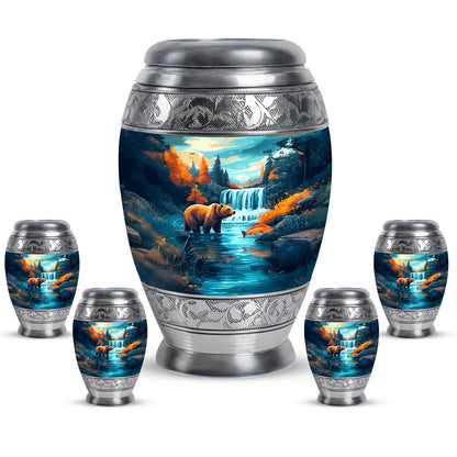 Ocean Teal Bear Cremation Urn detail view - ornate monarch-style bear relief on brushed aluminum - memorial set with one large and four small urns