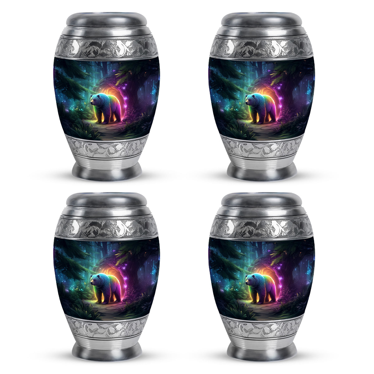 Royal Blue Bear Cremation Urn urn with complimentary velvet bag - majestic bear pattern with filigree border - 10 inch aluminum urn for cremated remains