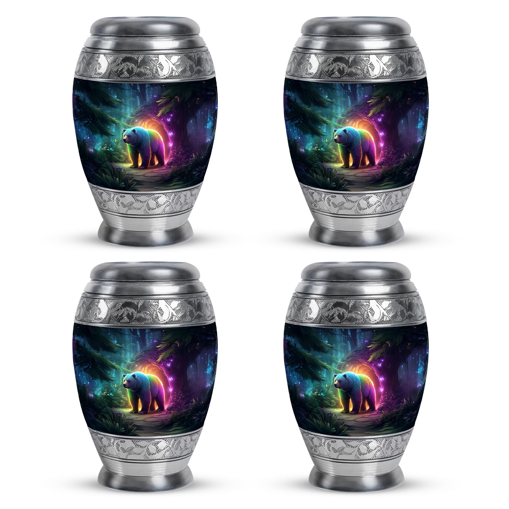 Royal Blue Bear Cremation Urn urn with complimentary velvet bag - majestic bear pattern with filigree border - 10 inch aluminum urn for cremated remains