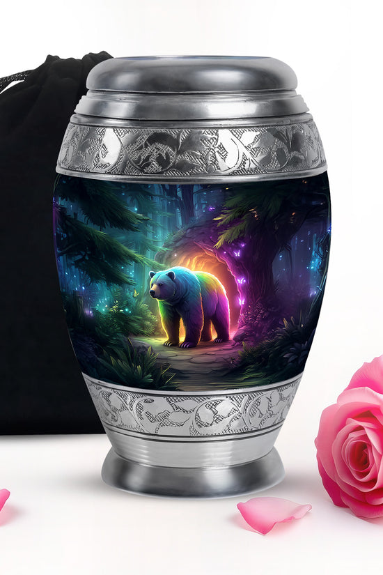 Navy Blue Bear Cremation Urn back view with polished surface - regal bear design with crown-inspired accents - full-size 10 inch 200 cubic inch adult cremation urn