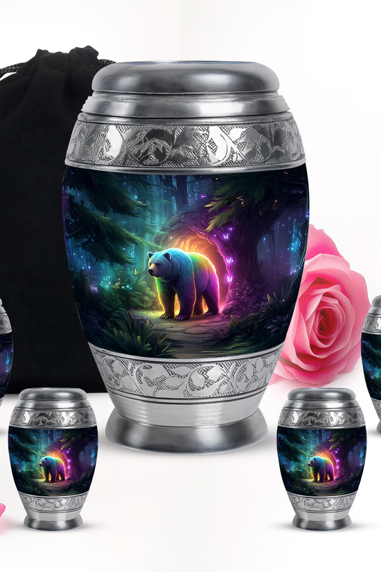 Powder Blue Bear Cremation Urn detail view - ornate monarch-style bear relief on brushed aluminum - memorial set with one large and four small urns