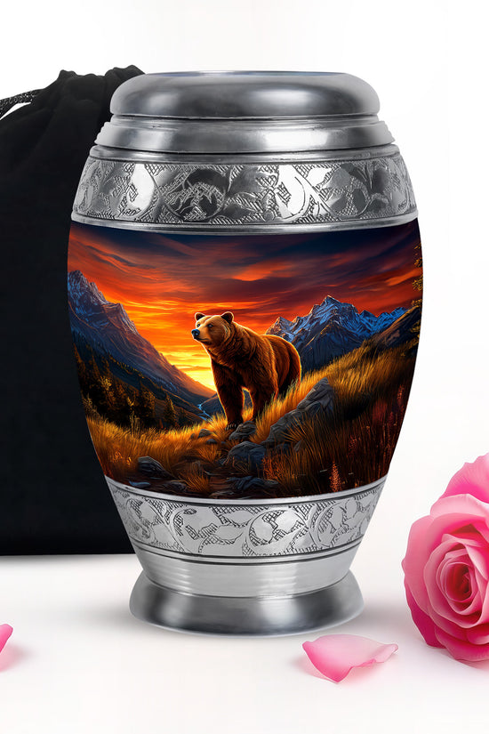 Sapphire Blue Bear Cremation Urn back view with polished surface - majestic bear pattern with filigree border - full-size 10 inch 200 cubic inch adult cremation urn
