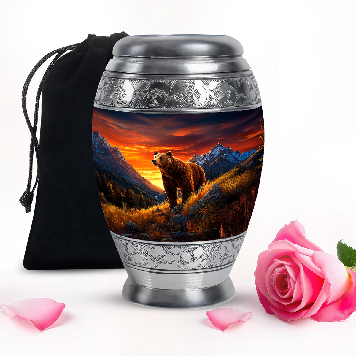Sapphire Blue Bear Cremation Urn back view with polished surface - majestic bear pattern with filigree border - full-size 10 inch 200 cubic inch adult cremation urn