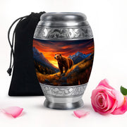 Sapphire Blue Bear Cremation Urn back view with polished surface - majestic bear pattern with filigree border - full-size 10 inch 200 cubic inch adult cremation urn