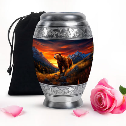 Sapphire Blue Bear Cremation Urn back view with polished surface - majestic bear pattern with filigree border - full-size 10 inch 200 cubic inch adult cremation urn