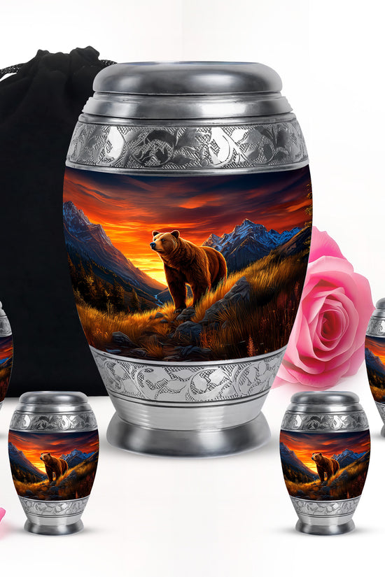 Royal Blue Bear Cremation Urn detail view - royal bear engraving with decorative scrollwork - memorial set with one large and four small urns