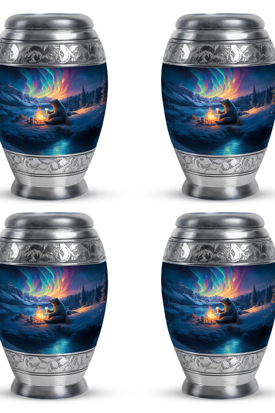 Twilight Blue Bear Cremation Urn urn with complimentary velvet bag - majestic bear pattern with filigree border - 10 inch aluminum urn for cremated remains