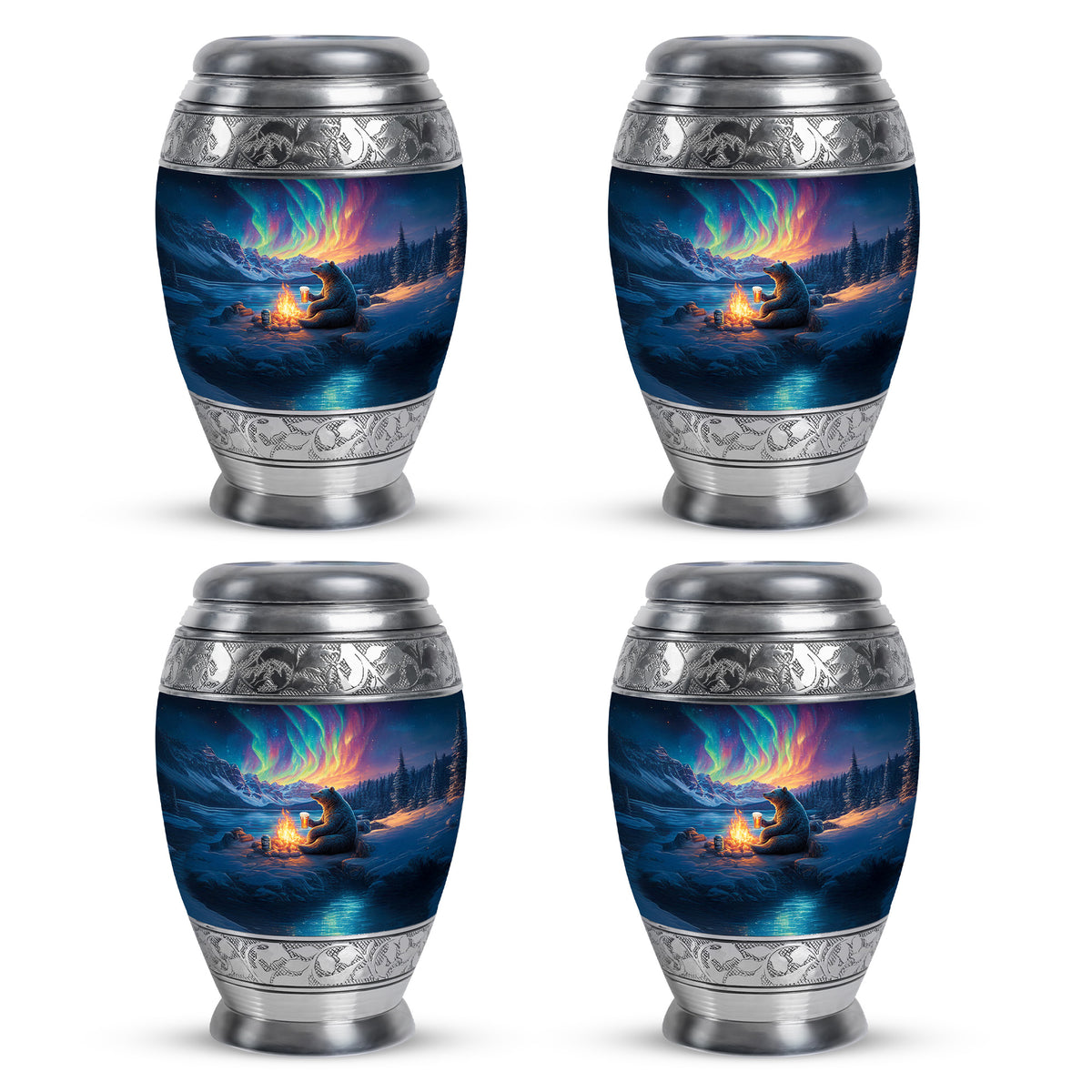 Twilight Blue Bear Cremation Urn urn with complimentary velvet bag - majestic bear pattern with filigree border - 10 inch aluminum urn for cremated remains