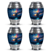 Twilight Blue Bear Cremation Urn urn with complimentary velvet bag - majestic bear pattern with filigree border - 10 inch aluminum urn for cremated remains