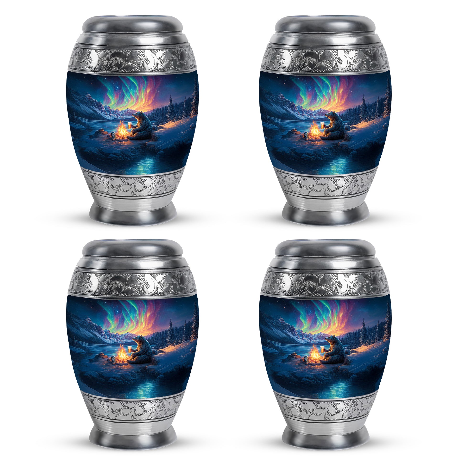 Twilight Blue Bear Cremation Urn urn with complimentary velvet bag - majestic bear pattern with filigree border - 10 inch aluminum urn for cremated remains
