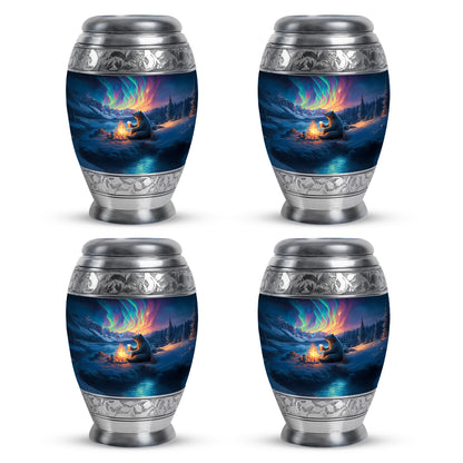 Twilight Blue Bear Cremation Urn urn with complimentary velvet bag - majestic bear pattern with filigree border - 10 inch aluminum urn for cremated remains