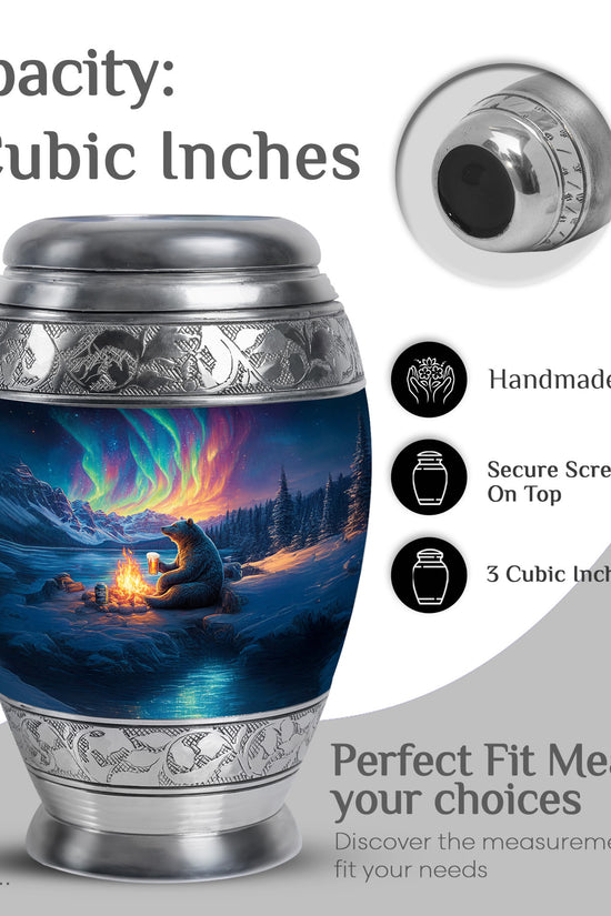 Serene Blue Bear Cremation Urn lifestyle display on memorial shelf - majestic bear pattern with filigree border - mini keepsake memorial for portion of cremation ashes