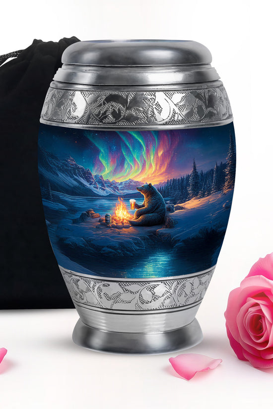 Pastel Blue Bear Cremation Urn back view with polished surface - regal bear design with crown-inspired accents - full-size 10 inch 200 cubic inch adult cremation urn