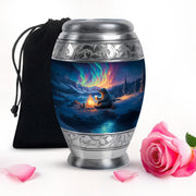 Pastel Blue Bear Cremation Urn back view with polished surface - regal bear design with crown-inspired accents - full-size 10 inch 200 cubic inch adult cremation urn
