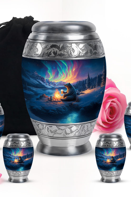 Bright Blue Bear Cremation Urn detail view - majestic bear pattern with filigree border - memorial set with one large and four small urns