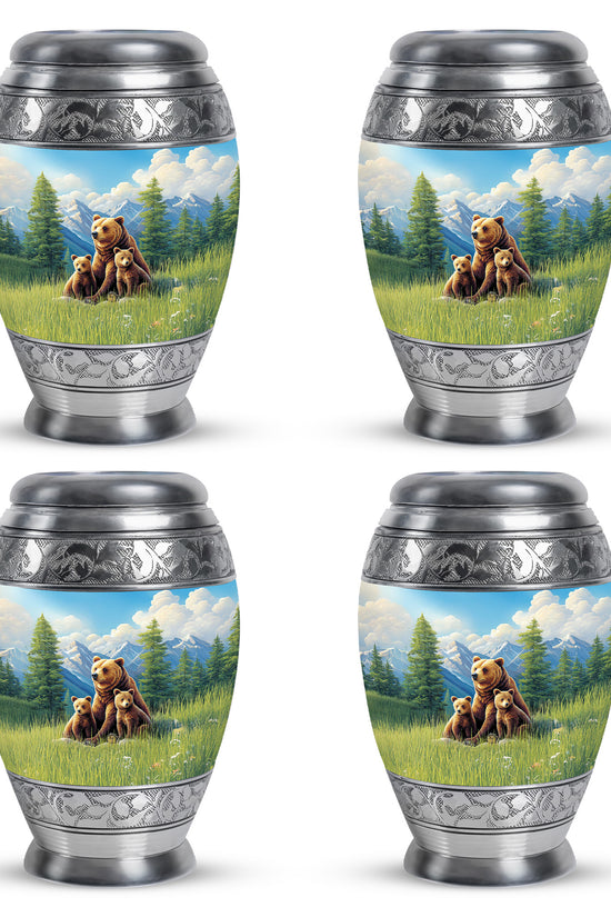 Misty Blue Bear Cremation Urn urn with complimentary velvet bag - ornate monarch-style bear relief on brushed aluminum - 10 inch aluminum urn for cremated remains