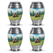 Misty Blue Bear Cremation Urn urn with complimentary velvet bag - ornate monarch-style bear relief on brushed aluminum - 10 inch aluminum urn for cremated remains