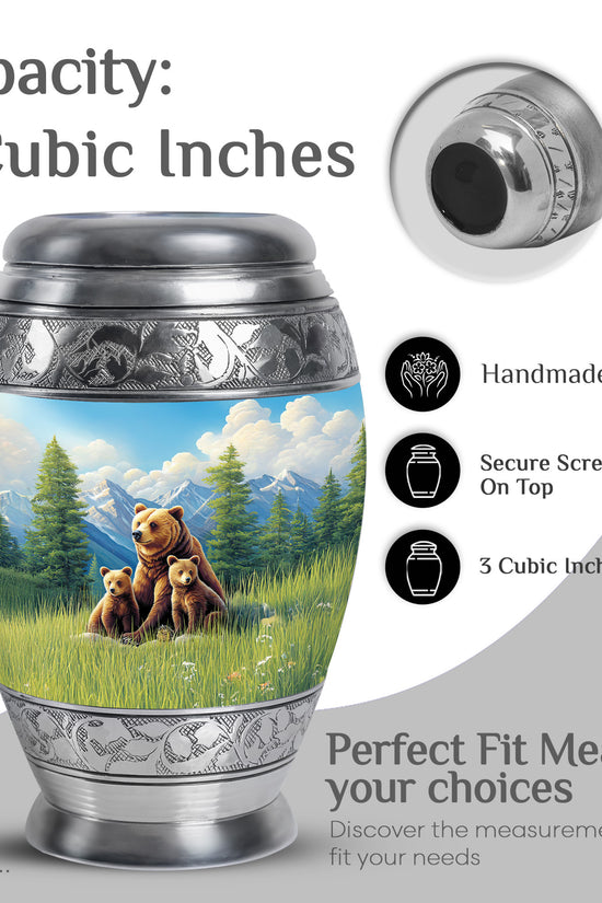 Dusty Blue Bear Cremation Urn lifestyle display on memorial shelf - ornate monarch-style bear relief on brushed aluminum - mini keepsake memorial for portion of cremation ashes