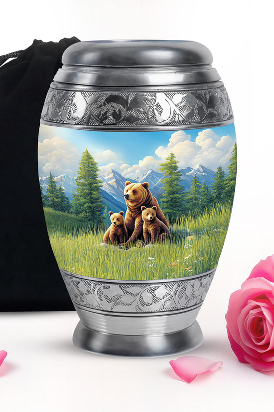 Royal Blue Bear Cremation Urn back view with polished surface - royal bear engraving with decorative scrollwork - full-size 10 inch 200 cubic inch adult cremation urn