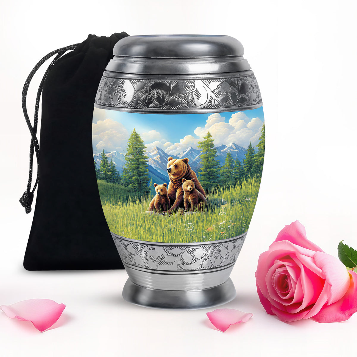 Royal Blue Bear Cremation Urn back view with polished surface - royal bear engraving with decorative scrollwork - full-size 10 inch 200 cubic inch adult cremation urn