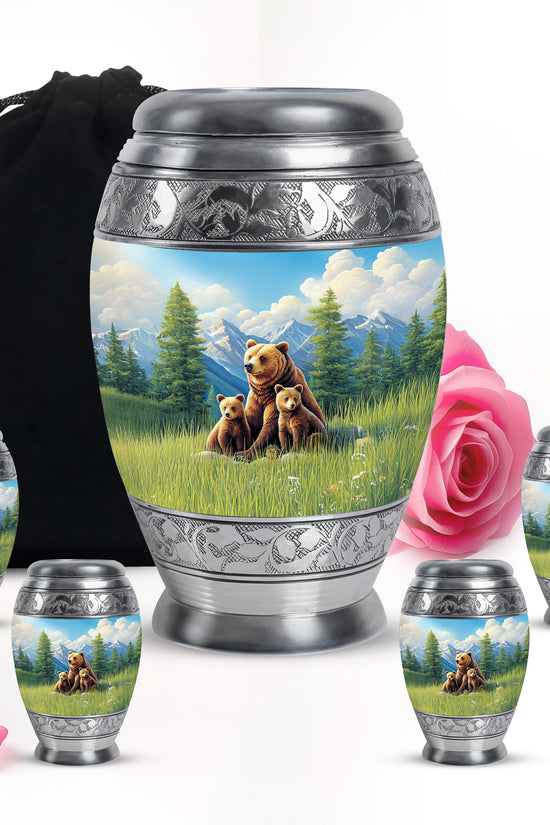 Celestial Blue Bear Cremation Urn detail view - ornate monarch-style bear relief on brushed aluminum - memorial set with one large and four small urns