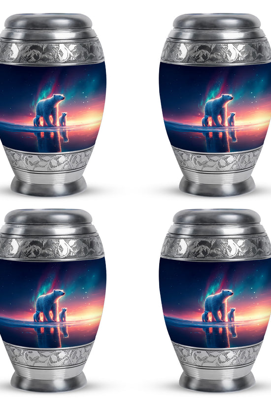 Steel Blue Bear Cremation Urn urn with complimentary velvet bag - majestic bear pattern with filigree border - 10 inch aluminum urn for cremated remains