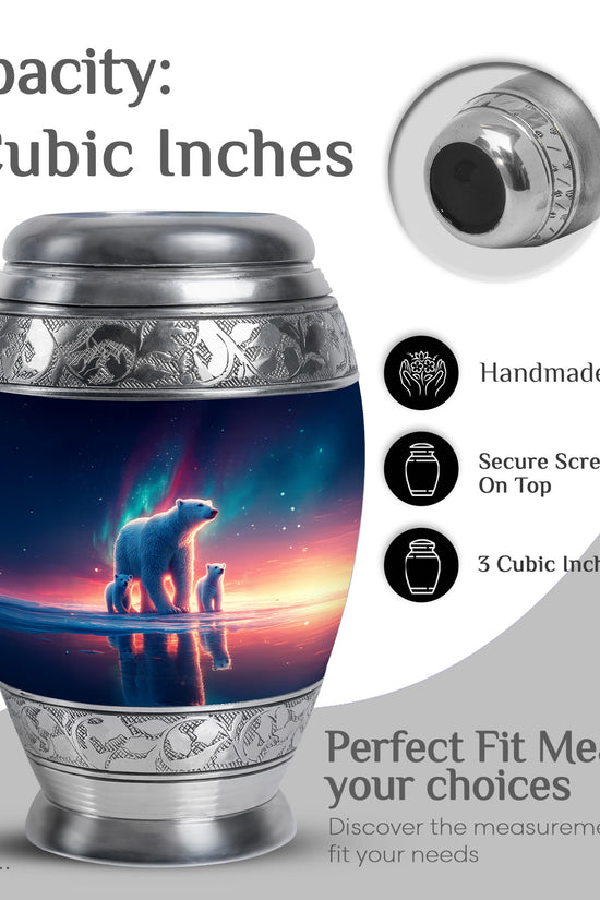 Misty Blue Bear Cremation Urn lifestyle display on memorial shelf - ornate monarch-style bear relief on brushed aluminum - mini keepsake memorial for portion of cremation ashes