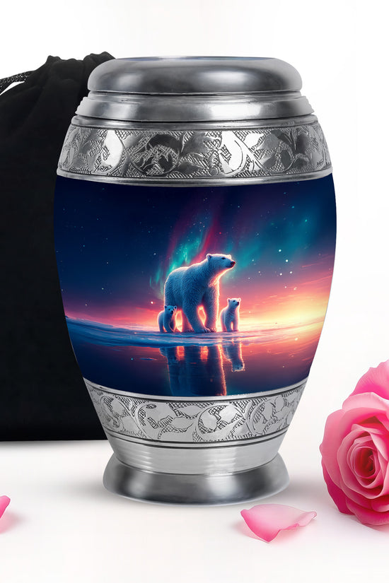 Bright Blue Bear Cremation Urn back view with polished surface - royal bear engraving with decorative scrollwork - full-size 10 inch 200 cubic inch adult cremation urn