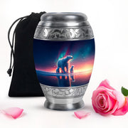 Bright Blue Bear Cremation Urn back view with polished surface - royal bear engraving with decorative scrollwork - full-size 10 inch 200 cubic inch adult cremation urn