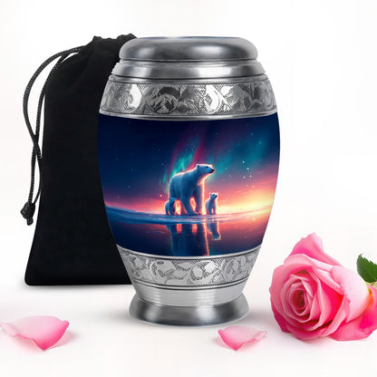 Bright Blue Bear Cremation Urn back view with polished surface - royal bear engraving with decorative scrollwork - full-size 10 inch 200 cubic inch adult cremation urn