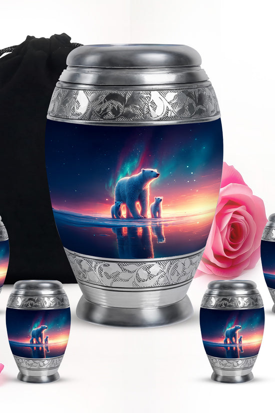 Pastel Blue Bear Cremation Urn detail view - regal bear design with crown-inspired accents - memorial set with one large and four small urns