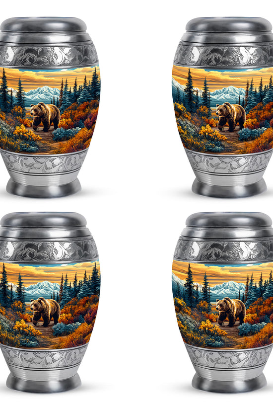 Harvest Gold Bear Cremation Urn urn with complimentary velvet bag - majestic bear pattern with filigree border - 10 inch aluminum urn for cremated remains