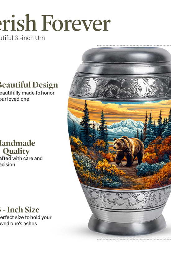 Royal Gold Bear Cremation Urn lifestyle display on memorial shelf - royal bear engraving with decorative scrollwork - mini keepsake memorial for portion of cremation ashes