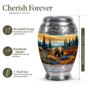Royal Gold Bear Cremation Urn lifestyle display on memorial shelf - royal bear engraving with decorative scrollwork - mini keepsake memorial for portion of cremation ashes