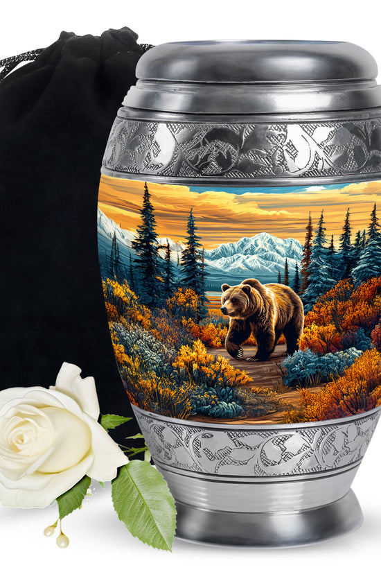 Matte Gold Bear Cremation Urn back view with polished surface - majestic bear pattern with filigree border - full-size 10 inch 200 cubic inch adult cremation urn